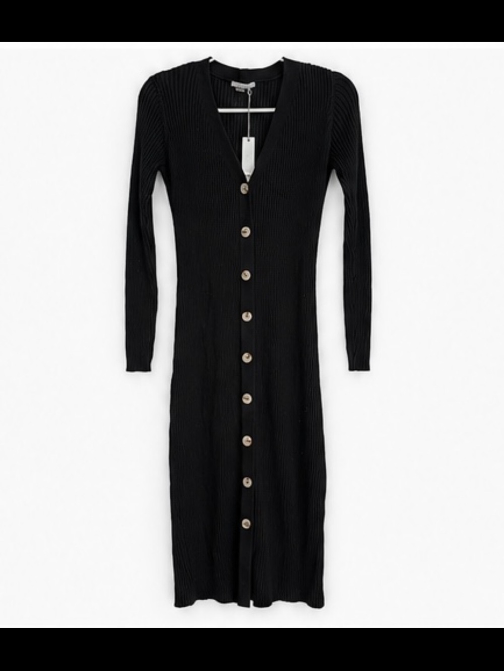 Tart Black Ribbed Button-Front Long Sleeve Midi Dress